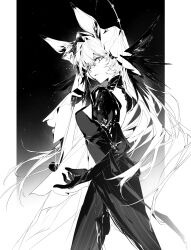 1girl animal_ears arknights border cheonyeon-hi cowboy_shot dice dorothy_(arknights) dorothy_(hand_of_destiny)_(arknights) dress gloves highres lens_flare long_hair looking_at_viewer medium_dress monochrome mouse_ears parted_lips solo veil
