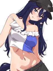 1girl :p bare_shoulders black_hat blue_hair breasts collarbone commentary_request hat highres horse_girl horse_tail long_hair looking_at_viewer medium_breasts midriff navel purple_eyes simple_background solo stomach tail tongue tongue_out umamusume verxina_(boc&#039;z_we\n)_(umamusume) verxina_(umamusume) wa_(wamizest7) white_background