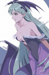 1girl absurdres animal_print bare_shoulders bat_(animal) bat_print bat_wings black_leotard breasts bridal_gauntlets capcom cleavage clothing_cutout darkstalkers demon_girl fur-trimmed_leotard fur_trim green_eyes green_hair head_wings heart_cutout highleg highleg_leotard highres large_breasts leotard long_hair looking_at_viewer moon morrigan_aensland night off-shoulder_leotard pantyhose print_pantyhose purple_pantyhose purple_wings signature smile solo twitter_username tyanoki wings