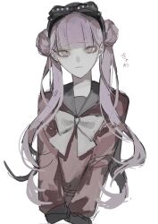 Rule 34 | 1girl, black bow, bow, female focus, hair bow, highres, long hair, long sleeves, looking at viewer, matching hair/eyes, pink eyes, pink hair, simple background, solo, solo focus, the hundred line -last defense academy-, tsukumo kako, twintails, white background