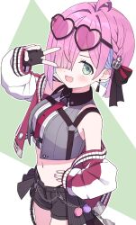 Rule 34 | 1girl, black gloves, black shorts, blush, crop top, eyewear on head, fingerless gloves, gloves, green eyes, hair over one eye, hand on own hip, heart, heart-shaped eyewear, highres, himemori luna, himemori luna (streetwear), hololive, kaie, multicolored hair, official alternate costume, official alternate hair length, official alternate hairstyle, open mouth, pink hair, purple hair, shorts, smile, solo, streaked hair, sunglasses, virtual youtuber