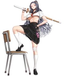 1girl bandaid bandaid_on_face bandaid_on_knee bandaid_on_leg black_bra black_gloves black_shoes black_skirt black_surgical_mask blue_eyes bra bra_peek bracelet breasts candy chain chair cropped_shirt delinquent feet_on_chair fingerless_gloves flare_gun food food_in_mouth full_body gloves grey_hair grey_nails hair_ornament hair_scrunchie half_gloves hand_on_own_hip high_ponytail highres holding holding_sword holding_weapon jewelry kneehighs lace lace_bra large_breasts last_origin leg_up linea_alba lips loafers lollipop long_hair long_skirt looking_at_viewer mask mask_pull mouth_mask nail_polish neckerchief o-ring official_alternate_costume official_art pink_weapon pleated_skirt ponytail red_neckerchief school_chair school_uniform scrunchie serafuku shinai shoes short_sleeves simple_background skirt socks solo standing sukeban surgical_mask sword tachi-e third-party_source transparent_background underboob underwear veksoo war_wolf_(last_origin) weapon white_serafuku white_socks yellow_scrunchie