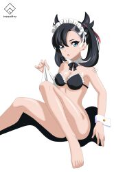 1girl :o absurdres aqua_eyes artist_name asymmetrical_bangs barefoot bikini black_bikini black_hair bottomless breasts detached_collar hair_ribbon highres indexxryo looking_at_viewer maid maid_bikini maid_headdress marnie_(pokemon) neck_ribbon nintendo pokemon pokemon_swsh ribbon simple_background sitting small_breasts solo swimsuit thighs twintails unconventional_maid undercut white_background wrist_cuffs