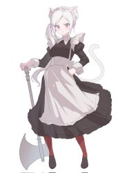 1girl animal_ears apron axe battle_axe black_shoes cat_ears cat_tail closed_mouth collared_dress dress edelgard_von_hresvelg fake_animal_ears fake_tail fire_emblem fire_emblem:_three_houses hair_ribbon hand_on_own_hip highres holding holding_axe holding_weapon juliet_sleeves light_blush long_hair long_sleeves looking_at_viewer maid maid_apron maid_headdress nintendo official_alternate_hairstyle pantyhose parted_bangs pout puffy_sleeves purple_eyes purple_ribbon red_pantyhose ribbon shade shoes side_ponytail simple_background solo standing tail wavy_hair weapon white_background white_hair yun_(dl2n5c7kbh8ihcx)