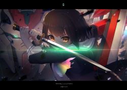 1girl ascot bad_id bad_twitter_id brown_eyes brown_hair circle commentary_request diffraction_spikes facial_mark fighting_stance floating floating_object glowing glowing_eyes gradient_ascot green_eyes gundam gundam_astray_red_frame gundam_astray_red_frame_kai gundam_seed gundam_seed_astray gundam_seed_vs_astray highres holding holding_sword holding_weapon kashu_(hizake) letterboxed long_sleeves looking_at_viewer multicolored_ascot pictoria rainbow_neckwear school_uniform serafuku serious short_hair sidelocks square standing sword towa_kiseki translation_request triangle two-handed upper_body v-shaped_eyebrows virtual_youtuber weapon