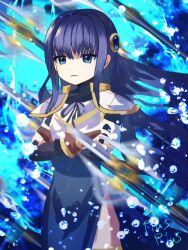 1girl armor blue_eyes blue_hair blue_veil bracelet breastplate highres jewelry long_hair looking_at_viewer magia_record:_mahou_shoujo_madoka_magica_gaiden magical_girl mahou_shoujo_madoka_magica nanami_yachiyo plusplushm polearm shoulder_armor sidelocks solo summoning veil weapon
