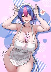 1girl absurdres apron artist_name bing_hayu blue_hair blush breasts closed_eyes collarbone commission golbang heart highres large_breasts luvdia maid_headdress mole mole_on_armpit mole_on_breast mole_under_eye motion_lines multicolored_hair multiple_moles naked_apron open_mouth pink_hair rabbit_pose spoken_heart thighs two-tone_hair virtual_youtuber white_apron