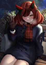 1girl alternate_costume animal_ears bench blush bow brown_eyes brown_gloves closed_mouth coat commentary_request ear_bow ear_covers gloves green_bow horse_ears horse_girl horse_tail hoshikuzu_kizuna_(kizuna_stardust) long_sleeves medium_hair multicolored_hair nice_nature_(umamusume) night outdoors plaid_clothes plaid_scarf red_hair red_scarf scarf sitting smile solo streaked_hair tail twintails umamusume visible_air waving winter_clothes winter_coat wooden_bench