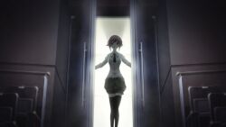 1girl baggy_shorts black_necktie black_thighhighs breasts brown_shorts chair chaos;child collared_shirt dim_lighting ears_visible_through_hair facing_viewer feet_up game_cg highres indoors long_sleeves medium_breasts movie_theater necktie non-web_source official_art onoe_serika opening opening_door pink_eyes pink_hair plaid_trim sasaki_mutsumi shirt short_hair short_hair_with_long_locks short_necktie shorts sidelocks solo split_mouth swept_bangs theater theater_seating thighhighs white_shirt