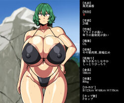 Rule 34 | 1girl, amazon (taitaitaira), bare shoulders, bikini, black bikini, black ribbon, blurry, blurry background, breasts, breasts squeezed together, bulge, gigantic breasts, green hair, hand on own hip, huge areolae, japanese text, kazami yuuka, looking at viewer, looking down, measurements, micro bikini, pubic hair, red eyes, ribbon, ribbon trim, short hair, solo, spaghetti strap, standing, sweat, swimsuit, tagme, tall female, thighs, touhou, translation request