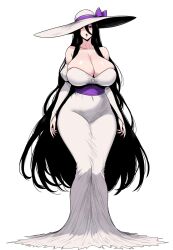 Rule 34 | 1girl, black hair, blush, breasts, cleavage, commission, dress, full body, hair between eyes, hair over face, hasshaku-sama, hat, highres, huge breasts, japanese urban legends, large breasts, long hair, long hair between eyes, looking at viewer, lughost, open mouth, second-party source, simple background, solo, standing, sun hat, sundress, tall female, urban legend, very long hair, white background, white dress, white hat