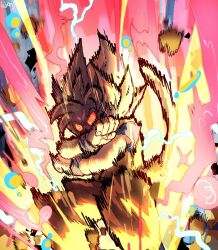1boy aura blonde_hair colored_sclera debris dragon_ball dragon_ball_daima highres male_focus monkey_tail powering_up red_sclera smear_frame solo son_goku spiked_hair super_saiyan super_saiyan_2 tail taku_(aywakutakuay)