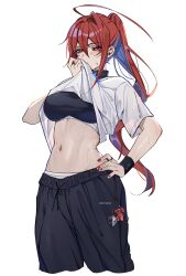Rule 34 | 1girl, absurdres, ahoge, alternate costume, alternate hairstyle, black pants, black sports bra, blue fire, blue hair, breasts, clothes lift, colored inner hair, commentary, cropped legs, elizabeth rose bloodflame, fire, fire on chest, hair between eyes, hand on own hip, highres, hololive, hololive english, huge ahoge, jewelry, keisea, large breasts, long hair, looking at viewer, midriff, multicolored hair, nail polish, navel, pants, ponytail, red eyes, red hair, red nails, ring, shirt, shirt lift, short sleeves, simple background, single hair intake, solo, sports bra, symbol-only commentary, very long hair, virtual youtuber, white background, white shirt, wiping sweat, wiping with clothes