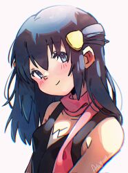 1girl alien_ashi bare_shoulders black_eyes black_shirt blue_hair blush closed_mouth dawn_(pokemon) hair_between_eyes hair_ornament hairclip highres long_hair looking_at_viewer nintendo pink_scarf pokemon pokemon_dppt scarf shirt sleeveless sleeveless_shirt smile solo white_background