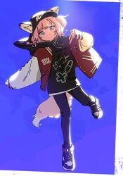 1girl animal_ears arknights baseball_cap black_hat black_hoodie black_pants border closed_mouth ears_through_headwear expressionless fox_ears fox_girl fox_tail full_body hat highres hood hood_down hoodie jacket jacket_over_hoodie jumping letterman_jacket long_sleeves looking_at_viewer niwatori_(akira_207) pants pink_hair purple_background purple_eyes red_jacket shoes short_hair sidelighting simple_background sneakers solo sussurro_(arknights) sussurro_(travel_freely)_(arknights) tail white_border