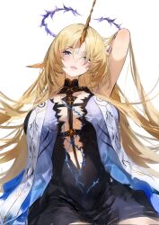 1girl absurdres arm_behind_head arm_up black_collar black_dress blonde_hair blue_eyes blush breasts collar commentary dress fleurdelys_(wuthering_waves) hair_over_one_eye highres horns huge_breasts jewelry lewdlily66 long_hair long_horns looking_at_viewer necklace open_mouth pointy_ears single_horn sitting smile solo tabard tacet_mark_(wuthering_waves) very_long_hair white_tabard wuthering_waves yellow_horns