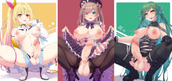 3futa blonde_hair blue_eyes boots breasts brown_hair clothes_lift erection futanari green_hair hair_ornament hairclip hat heterochromia high_heels highres kuja_2132 large_breasts large_penis long_hair looking_at_viewer multicolored_hair multiple_futa nipples open_mouth orange_eyes pantyhose penis ponytail ribbon shorts skirt skirt_lift smile squatting testicles thighhighs two-tone_hair very_long_hair
