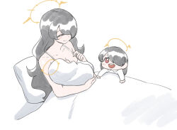 3girls ^_^ baby black_hair blue_archive blush child closed_eyes collarbone commentary hair_over_one_eye hinata_(blue_archive) long_hair moonjunk mother_and_daughter multiple_girls one_eye_covered pillow red_eyes smile under_covers very_long_hair