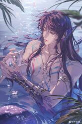 1boy absurdres bracer chain chain_necklace closed_mouth collarbone crying crying_with_eyes_open eyes_visible_through_hair fins full-body_tattoo hair_over_one_eye head_fins highres holding holding_shell in_water jewelry long_hair looking_at_object love_and_deepspace male_focus merman monster_boy muscular muscular_male necklace parted_bangs purple_eyes purple_hair qianben_shan rafayel_(love_and_deepspace) scales shell solo tattoo tears very_long_hair watermark weibo_username weibo_watermark wet