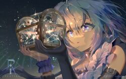 1girl bare_shoulders black_gloves blue_eyes blue_hair collarbone commentary_request constellation dia_(saihate_(d3)) earrings elbow_gloves floating_hair gloves hair_between_eyes hands_up jewelry long_hair original parted_lips saihate_(d3) single_glove sky solo star_(sky) starry_sky upper_body wrist_cuffs