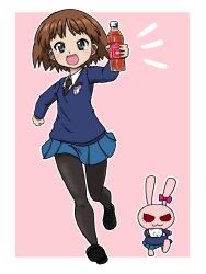 1girl black_necktie black_pantyhose black_shoes black_tea blue_skirt blue_sweater bottle brown_hair collared_shirt emblem girls_und_panzer grey_eyes holding holding_bottle mascot miniskirt necktie open_mouth pantyhose pink_background pink_ribbon pleated_skirt pointy_hair rabbit ribbon running sakaguchi_karina school_uniform shirt shoes short_hair simple_background skirt smile st._gloriana&#039;s_(emblem) st._gloriana&#039;s_school_uniform sweater takahashi_kurage tea white_shirt