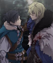 Rule 34 | 2boys, aqua cape, aqua tunic, arm up, armor, belt, black armor, black fur, black hair, blonde hair, blood, blood on clothes, blood on face, blue cape, brown belt, brown gloves, cape, chest belt, clenched teeth, closed mouth, clothes grab, commentary request, cowboy shot, dimitri alexandre blaiddyd, dimitri alexandre blaiddyd (timeskip), dotomsamg, eye contact, felix hugo fraldarius, felix hugo fraldarius (timeskip), fire emblem, fire emblem: three houses, frown, fur-trimmed cape, fur-trimmed hood, fur trim, gloves, highres, hood, korean commentary, long sleeves, looking at another, male focus, multiple belts, multiple boys, nintendo, shirt, teeth, tunic, white fur, white shirt