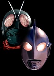 Rule 34 | 2boys, 4ze meteor, absurdres, alien, antennae, black background, bug, colored skin, commentary, compound eyes, crossover, dorsal fin, glowing, glowing eyes, gradient eyes, grasshopper, green helmet, head only, helmet, highres, insect, kamen rider, kamen rider 1, kamen rider 1 (shin), looking at viewer, male focus, mask, multicolored eyes, multiple boys, red eyes, red scarf, scarf, shin kamen rider, shin ultraman, silver skin, simple background, tokusatsu, tsuburaya productions, ultra series, ultraman, ultraman (shin), white eyes, yellow eyes