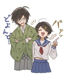 1boy 1girl ahoge angel_wings blue_sailor_collar brown_hair brown_hakama chestnut_mouth closed_eyes cropped_legs crossed_arms fuura_kafuka glasses green_jacket hair_ornament hakama hakama_pants hakuuyori itoshiki_nozomu jacket japanese_clothes long_sleeves neckerchief open_mouth pants pointing red_neckerchief sailor_collar sayonara_zetsubou_sensei shirt short_hair smile swept_bangs translation_request white_shirt wings x_hair_ornament