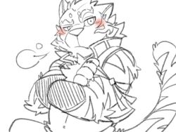 1boy aged_down animal_ears biceps blush closed_mouth commentary_request crossed_arms furry furry_male gegegenomin lin_hu_(nekojishi) looking_to_the_side male_focus nekojishi partially_colored puff_of_air raised_eyebrow tail tiger_boy tiger_ears tiger_stripes tiger_tail white_background