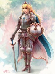 1girl absurdres armor artist_name blonde_hair blue_cape blue_eyes breastplate cape castle earrings full_body gambeson gauntlets greaves highres holding holding_shield holding_sword holding_weapon jewelry knight looking_at_viewer mario_(series) nintendo pauldrons princess_peach sabaton shield shoulder_armor smile solo standing sword tiara uchi_vs_the_world waist_cape weapon