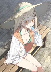 Rule 34 | 1girl, absurdres, aqua bikini, arm at side, bench, bikini, blonde hair, blush, breasts, brick, cleavage, collarbone, colored eyelashes, commentary request, day, eating, feet out of frame, fingernails, food, from above, front-tie bikini top, front-tie top, gakuen idolmaster, go-1, hair ornament, hairclip, hand up, hat, highres, holding, holding food, hood, hooded jacket, idolmaster, jacket, long hair, long sleeves, looking at viewer, looking up, medium breasts, on bench, open clothes, open jacket, orange eyes, outdoors, parted lips, partially unzipped, shade, shinosawa hiro, sitting, solo, straight hair, straw hat, sunlight, sweat, swimsuit, wooden bench