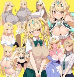 Rule 34 | 1girl, absurdres, alternate costume, alternate hairstyle, animal ears, bare shoulders, black leotard, black skirt, blonde hair, blush, bra, breasts, chest jewel, cleavage, cleavage cutout, clothing cutout, commentary, core crystal (xenoblade), covered erect nipples, dress, earrings, fake animal ears, fishnet pantyhose, fishnets, grey sweater, highleg, highleg leotard, highres, jewelry, leotard, long hair, mixed-language commentary, multiple views, mythra (xenoblade), off-shoulder dress, off shoulder, pantyhose, playboy bunny, pleated skirt, rabbit ears, shirt, simple background, skirt, star (symbol), star earrings, strapless, strapless dress, sweater, tiara, twintails, underwear, white bra, white dress, white shirt, white sweater, xenoblade chronicles (series), xenoblade chronicles 2, yellow background, yellow eyes, yoshikirino