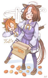 2girls :d ahoge animal_ears blush box breasts brown_hair brown_shoes cardboard_box commentary_request crown frilled_skirt frills hairband highres holding holding_box horse_ears horse_girl horse_tail loafers long_sleeves mandarin_collar medium_breasts meisho_doto_(umamusume) mikan_box mini_crown multicolored_hair multiple_girls open_mouth orange_hair pantyhose pink_hairband pleated_skirt puffy_long_sleeves puffy_sleeves purple_pantyhose purple_shirt purple_skirt rakugakiraid shadow shirt shoes signature simple_background skirt smile spill standing t.m._opera_o_(umamusume) tail tears translation_request two-tone_hair umamusume v-shaped_eyebrows white_background white_hair