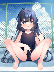 1girl barefoot black_hair black_one-piece_swimsuit blue_eyes blush braid cameltoe chain-link_fence cloud commentary_request feet fence hair_ornament hairclip hand_on_own_crotch highres imooka loli long_hair looking_at_viewer meito_(maze) one-piece_swimsuit open_mouth outdoors ribbon school_swimsuit second-party_source sitting sky solo spread_legs swimsuit thighs toes yuuko_(imooka)