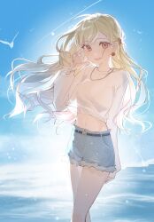 1girl arm_behind_back belt bird black_belt blonde_hair blue_shorts blue_sky blush breasts claw_hair_clip colorful_festival_(project_sekai) cowboy_shot crop_top cropped_shirt cutoffs day denim denim_shorts earrings floating_hair hair_ornament hairclip hand_up hashtag-only_commentary highres jewelry long_hair long_sleeves looking_at_viewer medium_breasts midriff navel necklace ocean official_alternate_costume official_alternate_hair_length official_alternate_hairstyle open_mouth outdoors pink_eyes project_sekai see-through_clothes see-through_shirt shirt short_shorts shorts sky smile solo standing suke748104 tenma_saki thighs translucent water white_shirt white_undershirt wind