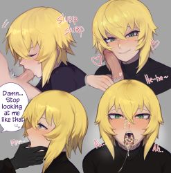 2boys absurdres black_gloves blazblue blush cum cum_in_mouth cum_on_body cum_on_tongue english_text erection facial fellatio finger_in_another&#039;s_mouth galadysp gloves green_eyes hair_between_eyes highres kisaragi_jin looking_at_viewer male_focus male_pubic_hair multiple_boys multiple_views nose_blush open_mouth oral penis penis_on_face pubic_hair ragna_the_bloodedge sidelocks smile speech_bubble tongue tongue_out trap yaoi