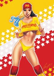 Rule 34 | 1girl, bandana, black hair, blonde hair, blue eyes, blue hair, boots, colorful background, cosplay, crop top, elias chatzoudis, highres, hulk hogan, hulk hogan (cosplay), long hair, looking at viewer, multicolored hair, navel, original, panties, red bandana, red lips, red thighhighs, shirt, short sleeves, signature, solo, star (symbol), star symbol background, thighhighs, underwear, yellow boots, yellow panties, yellow shirt