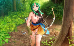 1girl after_rape braid breasts cum cum_in_pussy cum_on_hair defeat feet_out_of_frame fire_emblem fire_emblem:_the_blazing_blade forest green_eyes green_hair large_breasts looking_at_viewer matching_hair/eyes mutsuki_(moonknives) nature nintendo nipples one_breast_out outdoors rebecca_(fire_emblem) skirt solo standing tears thighs torn_clothes torn_skirt twin_braids