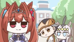 Rule 34 | 1boy, 2girls, absurdres, ahoge, animal ears, blue eyes, blue gemstone, bow, bowtie, brown hair, chibi, chibi only, commentary, daiwa scarlet (umamusume), distracted boyfriend (meme), ear ornament, fang, fang out, forgemod1oader, gem, grey hair, hair between eyes, hair bow, hair intakes, hairband, hat, head tilt, highres, horse ears, horse girl, jitome, kitahara jou, korean commentary, long hair, meme, multicolored hair, multiple girls, newsboy cap, no mouth, oguri cap (umamusume), orange eyes, orange hat, outdoors, pac-man eyes, purple bow, purple bowtie, purple shirt, red bow, red eyes, sailor collar, sailor shirt, school uniform, shirt, short sleeves, summer uniform, sweatdrop, tiara, tracen school uniform, tree, turning head, twintails, two-tone hair, umamusume, umamusume: cinderella gray, white sailor collar, yellow hairband