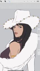 1girl armlet bare_shoulders black_hair blue_eyes blunt_bangs coat commentary cowboy_hat fur-trimmed_coat fur_trim hat highres jewelry jyurijiuribaby long_hair looking_at_viewer looking_back mole nico_robin nico_robin_(alabasta) one_piece one_piece_(live_action) parted_lips purple_shirt shirt solo upper_body white_coat white_hat