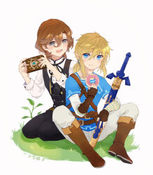 Rule 34 | 2boys, :d, :t, black pants, black ribbon, black vest, blonde hair, blue eyes, blue tunic, boots, brown boots, brown hair, crossover, curtained hair, donut, earrings, eating, fold-over boots, food, food on face, full body, grey eyes, hair between eyes, highres, holding, holding donut, holding food, holding phone, holding sword, holding weapon, jewelry, knees up, kotobuki reiji, layered sleeves, light blush, link, long hair, long sleeves, looking at another, looking to the side, low ponytail, male focus, mandarin collar, master sword, multiple boys, neck ribbon, nintendo, on grass, open mouth, pants, phone, pointy ears, ponytail, ribbon, seiza, sheath, sheathed, shirt, short hair, short over long sleeves, short sleeves, sidelocks, sideways glance, simple background, sitting, smile, spread legs, sword, the legend of zelda, the legend of zelda: breath of the wild, tunic, uta no prince-sama, vest, weapon, white background, white pants, white shirt, xue ezi