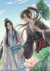 2boys absurdres ahoge bishounen black_hair black_hanfu blue_sash blue_sky blush chinese_clothes closed_mouth cloud collarbone day floating_hair flower flute flute_tassel grey_eyes hair_ribbon hand_grab hanfu high_ponytail highres holding holding_leaf holding_ribbon instrument lan_wangji leaf light_particles long_hair long_sleeves looking_at_another lotus lotus_leaf male_focus modao_zushi multiple_boys open_mouth outdoors pink_flower ponytail red_ribbon red_sash ribbon robe sash sidelocks sky smile standing tassel topknot twitter_username very_long_hair w2biiro wading water watermark wei_wuxian white_hanfu white_ribbon wide_sleeves xiao_guan_(headdress) yaoi yellow_eyes