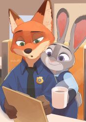 1boy 1girl animal_ears fox_ears furry furry_female furry_male green_eyes highres judy_hopps looking_at_viewer necktie nick_wilde open_mouth police police_uniform policewoman purple_eyes rabbit_ears rabbit_girl shirt smile tail takatmaorange zootopia