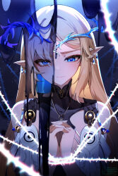 Rule 34 | 1girl, absurdres, barbed wire, bare shoulders, black collar, blonde hair, blue eyes, blue hair, bound, bound wrists, cartethyia (wuthering waves), closed mouth, collar, colored inner hair, commentary, crown of thorns, earrings, fleurdelys (wuthering waves), highres, jewelry, long hair, looking at viewer, looking down, multicolored hair, own hands clasped, own hands together, pointy ears, sidelocks, solo, split theme, tacet mark (wuthering waves), weiic, wuthering waves