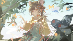 1girl absurdres animal_ear_fluff animal_ears arknights blue_dress blue_eyes blush brown_hair chinese_clothes dress hanfu highres jacket kite long_hair looking_at_viewer luozhou_pile lutonada_(arknights) lutonada_(sending_thoughts)_(arknights) mouse_ears mouse_girl official_alternate_costume parted_lips qixiong_ruqun solo yellow_jacket