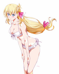 1girl agnes_claudel artist_name bikini blonde_hair blue_eyes breasts bun_with_braided_base cleavage double-parted_bangs eiyuu_densetsu floating_hair hair_between_eyes hair_bun kuro_no_kiseki kuro_no_kiseki_(series) kuro_no_kiseki_ii large_breasts leaning_forward long_hair looking_at_viewer low-tied_long_hair single_side_bun solo swimsuit white_bikini xiacheng_tatsuya