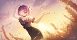 1girl 7hertz artist_name backlighting bang_dream! bang_dream!_it&#039;s_mygo!!!!! black_choker chinese_commentary choker commentary_request frilled_shirt frills gradient_sky highres off-shoulder_shirt off_shoulder outdoors pencil_skirt procreate_(medium) purple_eyes purple_hair shirt short_hair skirt sky solo spaghetti_strap sun sunset wheat wheat_field yuutenji_nyamu