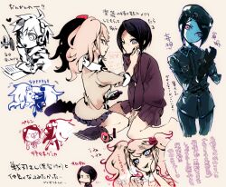 1boy 2girls ahoge applying_another&#039;s_makeup bear_hair_ornament black_gloves black_hair brown_hair cosmetics cropped_legs danganronpa:_trigger_happy_havoc danganronpa_(series) enoshima_junko formal_clothes freckles gloves hair_ornament hand_mirror headphones heavy_breathing ikusaba_mukuro kitaya kneeling lipstick_tube mirror monokuma multiple_girls multiple_views naegi_makoto open_mouth pink_eyes pleated_skirt short_hair siblings sisters skirt suit translation_request twintails