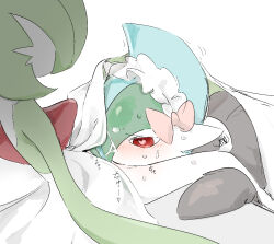 1boy 1girl blush bob_cut bow colored_skin creatures_(company) cunnilingus gallade game_freak gardevoir gen_3_pokemon gen_4_pokemon gender_request green_hair green_skin heart heart-shaped_pupils heart_in_eye hetero maid_headdress multicolored_skin nintendo oral pink_bow pippu_(pixiv_83129481) pokemon pokemon_(creature) red_eyes simple_background symbol-shaped_pupils symbol_in_eye tagme two-tone_skin white_background white_skin