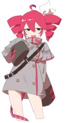 1girl :d ahoge alternate_sleeve_length bow buttons drill_hair fang grey_jacket hair_between_eyes hair_bow highres jacket kasane_teto kasane_teto_(sv) looking_at_viewer lycorisanguine open_mouth red_eyes red_hair shoulder_belt simple_background skin_fang smile solo twin_drills utau very_long_sleeves white_background white_bow
